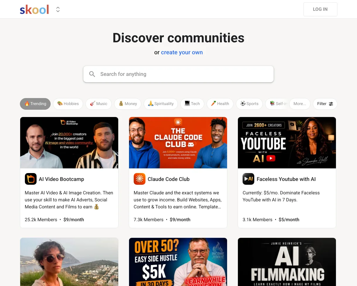 Skool's discover communities page showing trending groups like AI Video Bootcamp with 25.2k members, with category filters and member counts and prices on each card